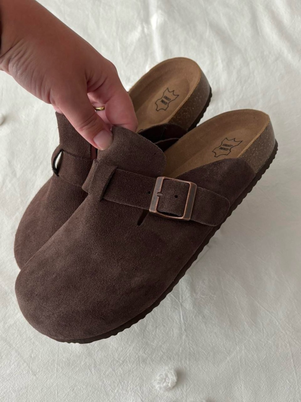 Dark Brown Suede Slip-On Clogs with Buckle - Picture 2 of 5